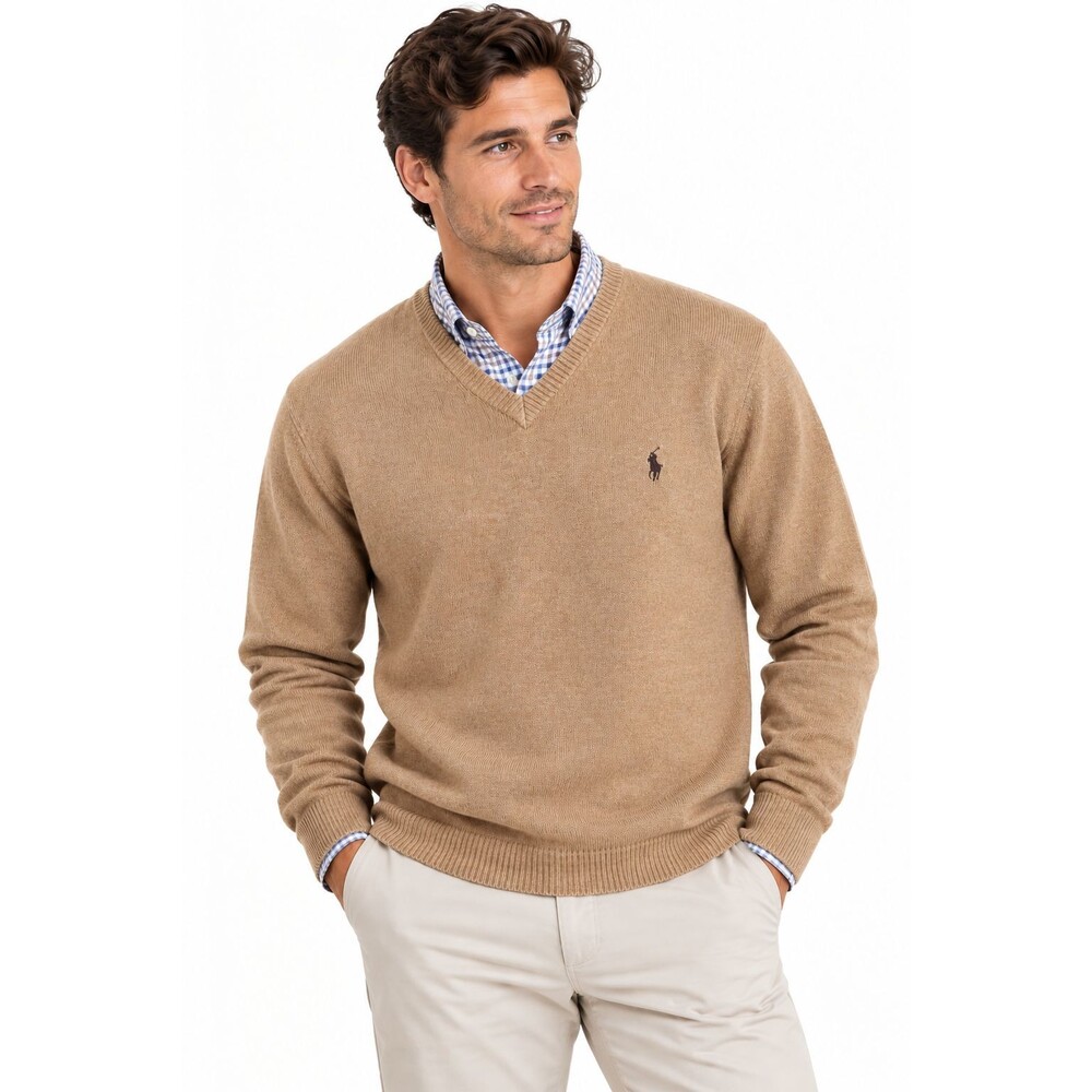 Men's Polo Ralph Lauren Sweater V-Neck 100% Lambswool Size Large Brown Preppy